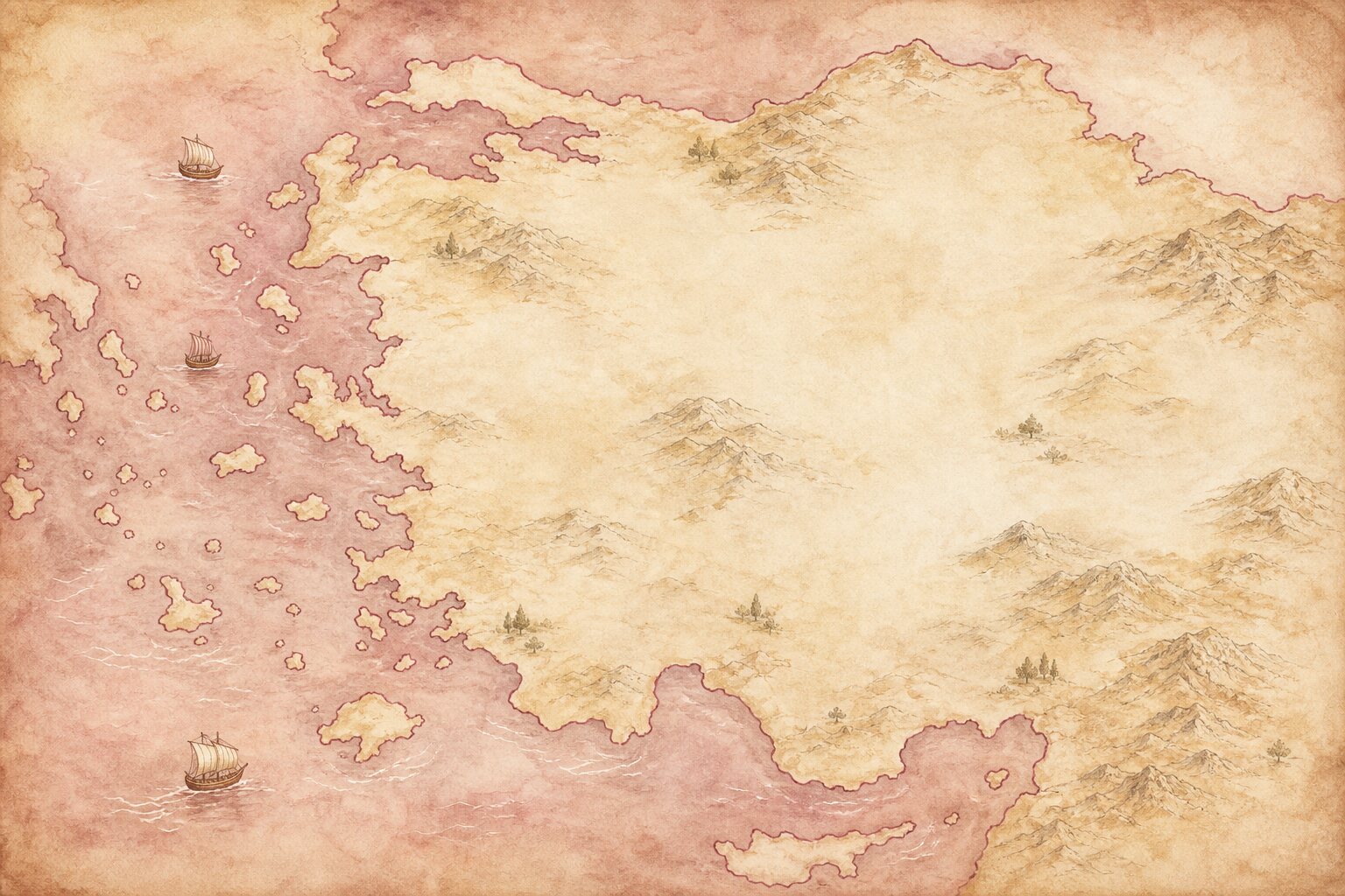 Mapa em aquarela da Ásia Menor no século I, com o Mar Egeu à esquerda
